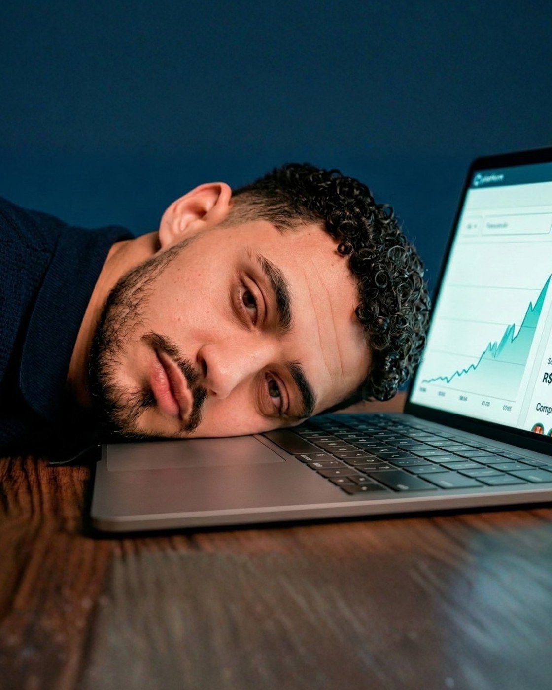 Luiz exausto, cabeça apoiada no notebook, tela mostrando gráfico de resultado